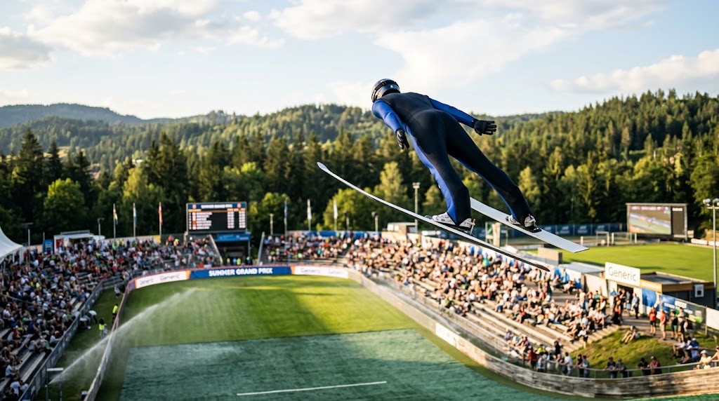 Grand Prix salto con gli sci Wisla, saltatore in fase di atterraggio.