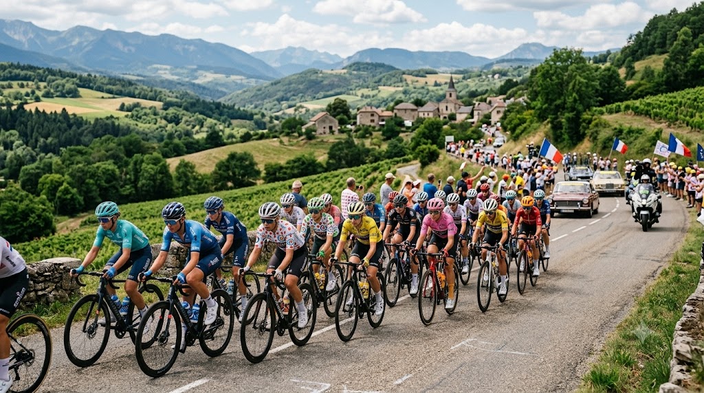 Tour de France Femmes 2026 in corso di svolgimento. Gruppo compatto.