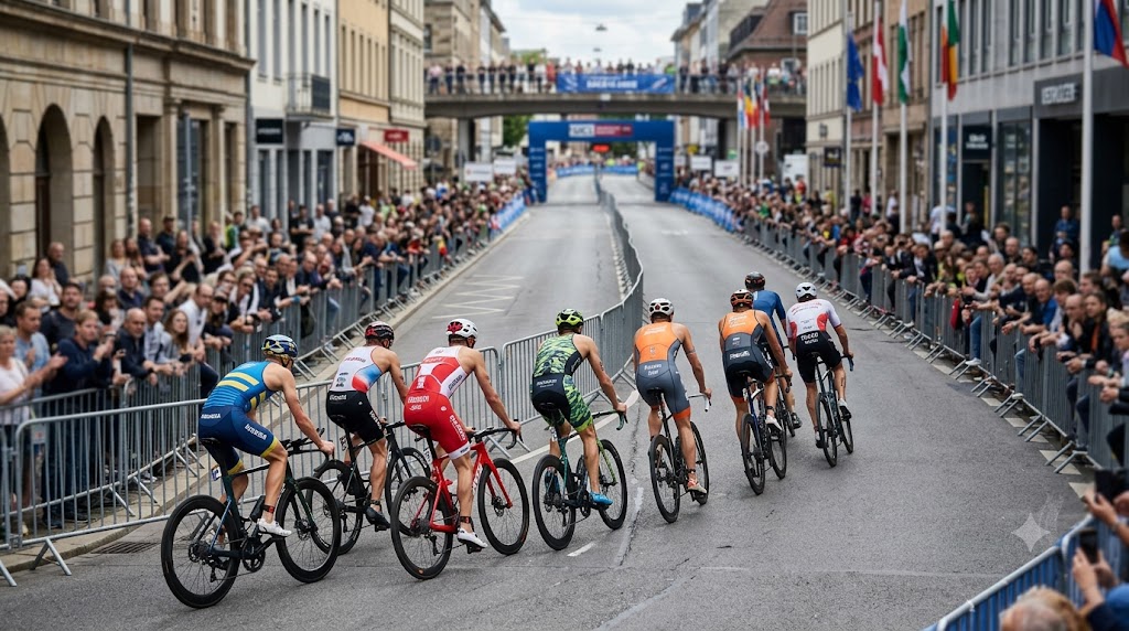 Triatleti professionisti impegnati nel segmento in bicicletta a Edmonton 2026.