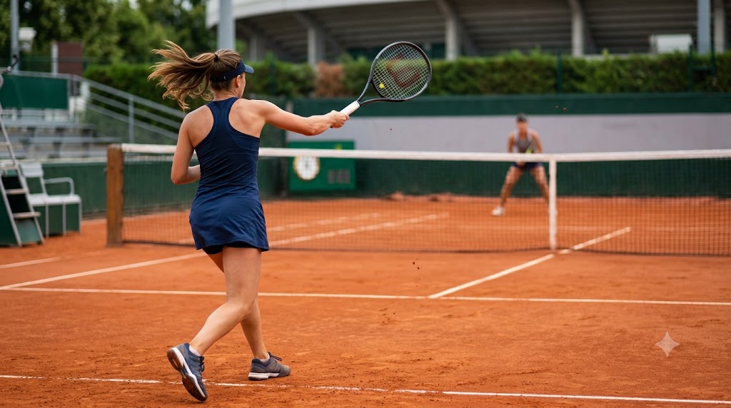 Tenniste professioniste si sfidano sulla terra rossa.