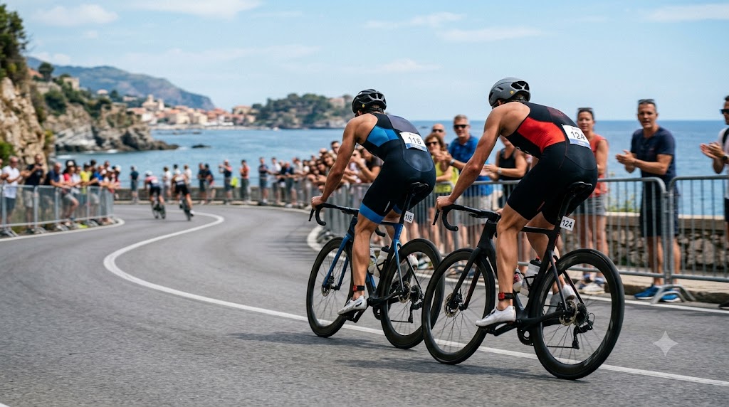 Atleti impegnati nel WTCS di Londra 2025, nel tratto in bici.
