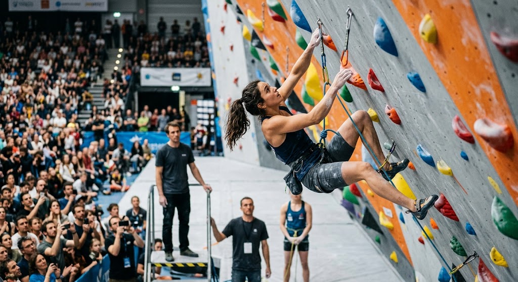 Atleta impegnata nella prova di arrampicata speed.
