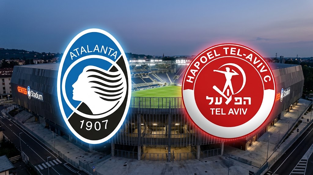 Atalanta - Hapoel, stemmi delle due squadre con stadio sullo sfondo.