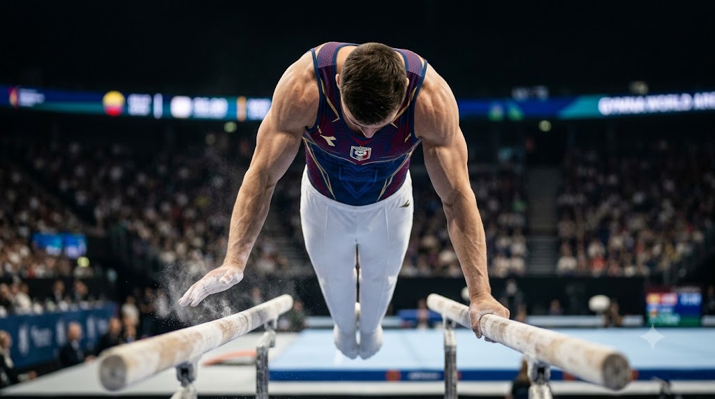 Atleta professionista alle parallele durante gli Europei di ginnastica artistica 2026.