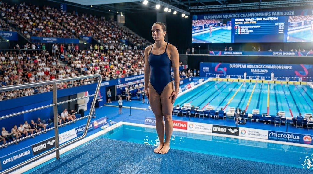 Europei Nuoto 2026 Lunedì 3 agosto. Atleta pronta a tuffarsi dalla piattaforma.