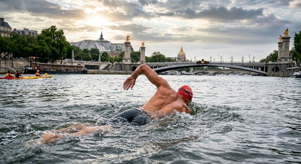 Europei Nuoto Mercoledi 5 Agosto. Atleta in fase di allenamento nella Senna.