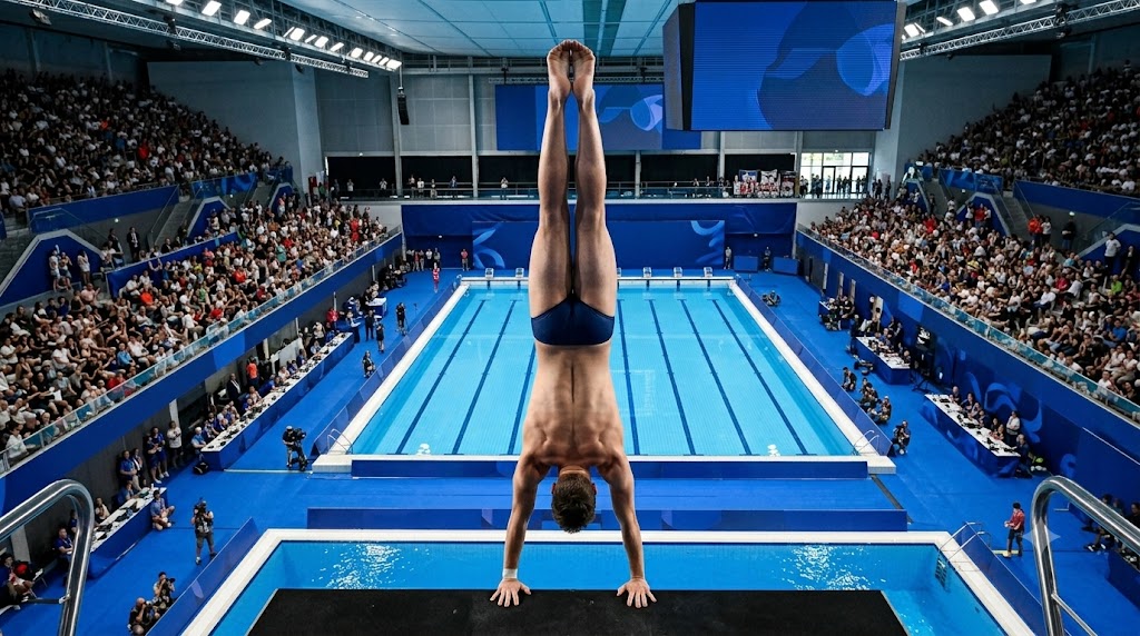 Europei nuoto 2026 giovedì 6 agosto, tuffatore pronto a buttarsi dalla piattaforma 10m.