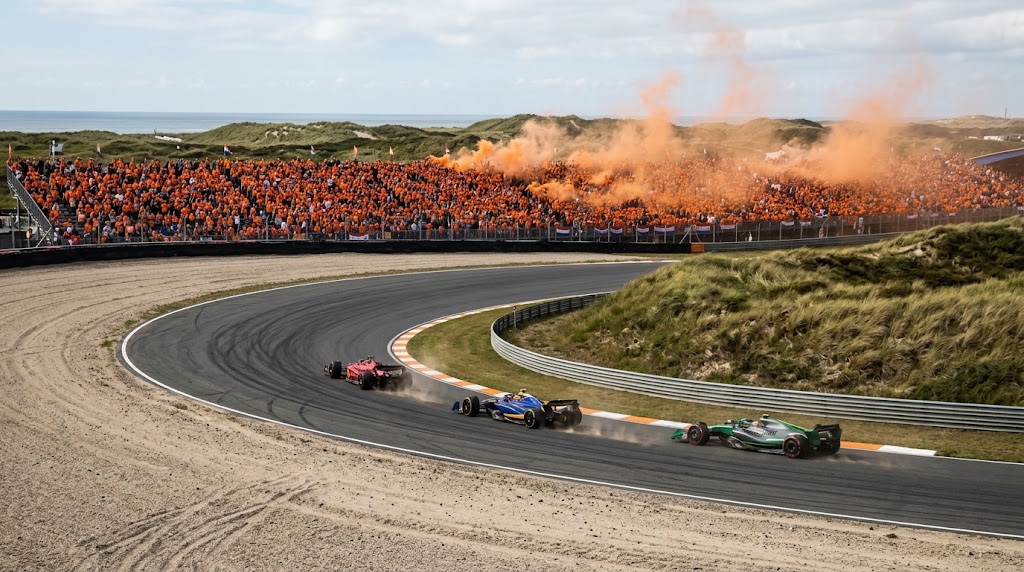 GP Olanda Zandvoort 2026, tribuna festante sullo sfondo.