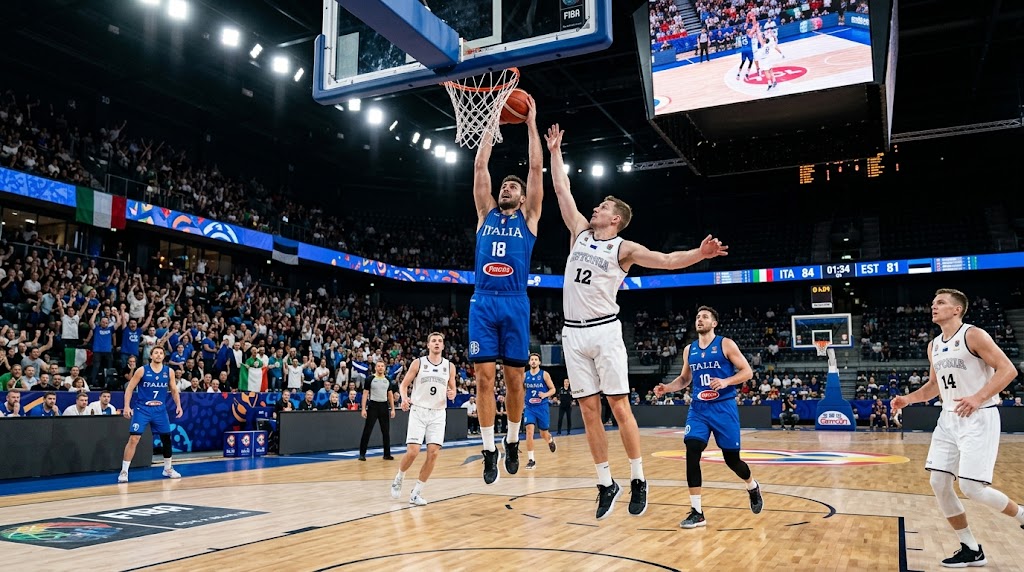 Italia - Estonia amichevole basket 2026, giocatore azzurro schiaccia a canestro.
