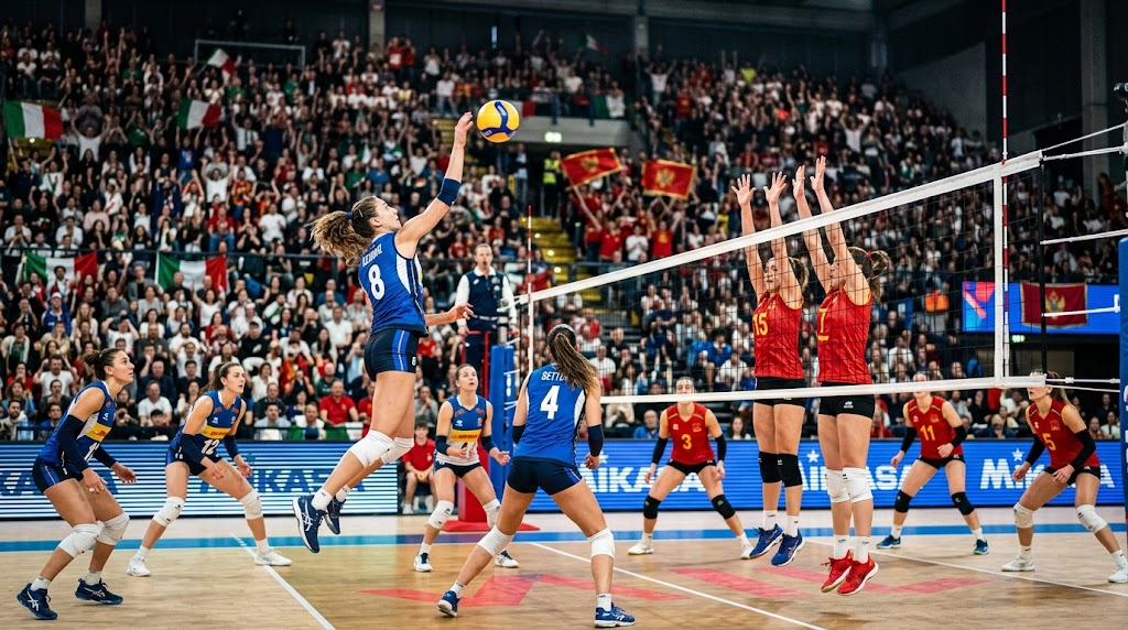 Italia - Montenegro Europei Volley Donne 2026, attacco azzurro.