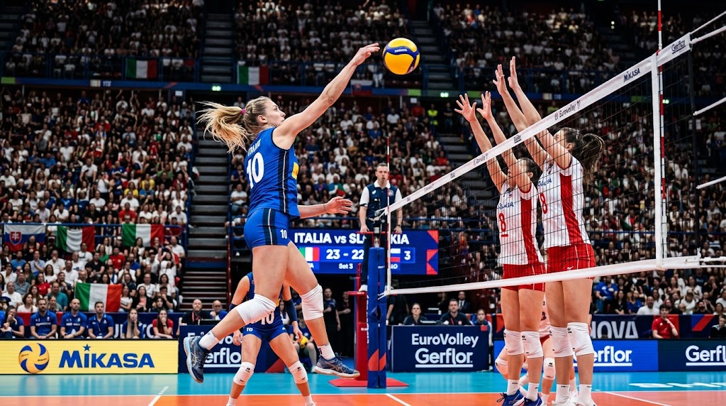 Azione di gioco tra Italia e Slovacchia agli Europei di volley donne 2026.