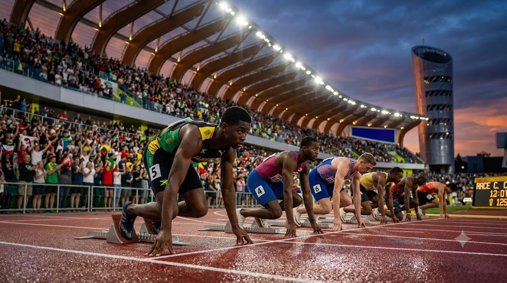Seconda giornata ai Mondiali U20 di Eugene 2026. Atleti dei 100 metri sui blocchi di partenza.