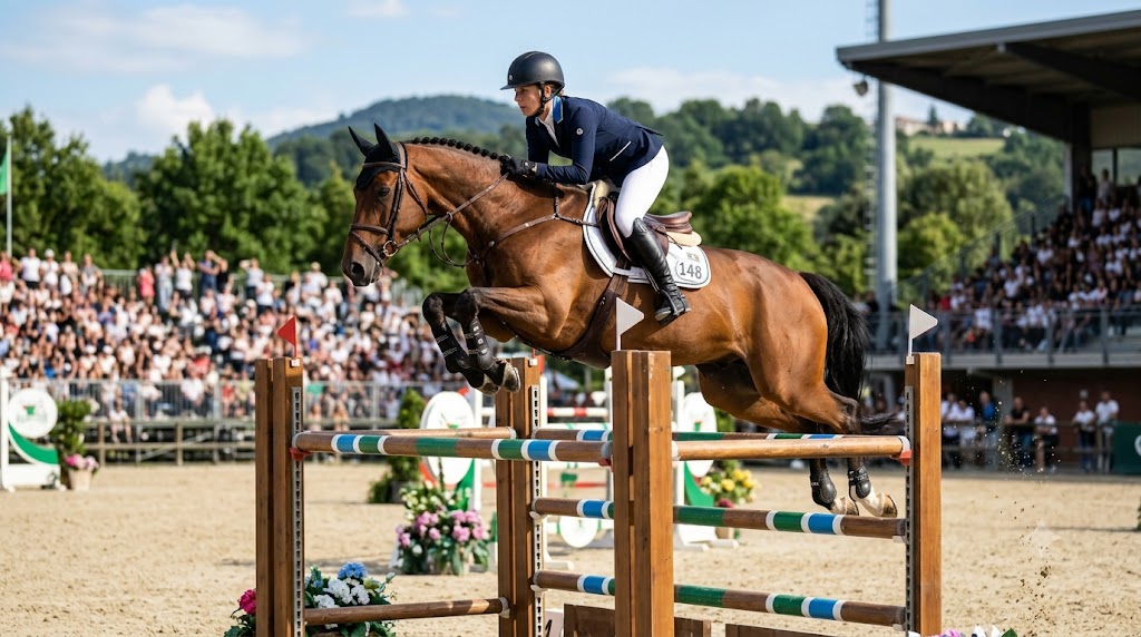 Mondiali equitazione 2026 Aquisgrana, atleta salta l'ostacolo con il suo ronzino.
