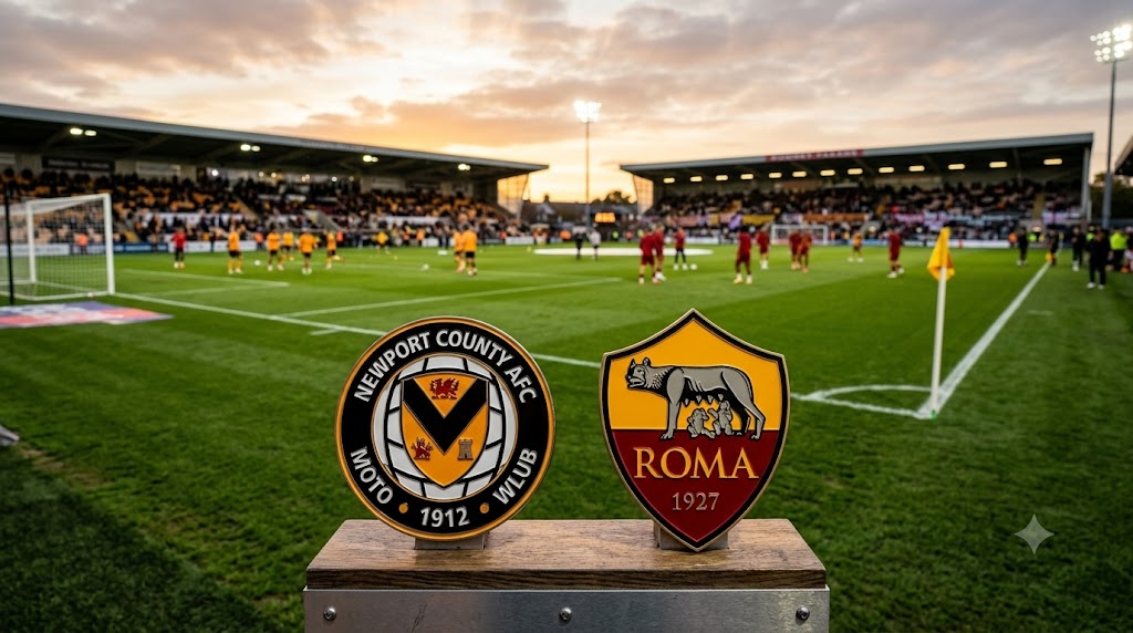 Calcio Newport County - Roma, i due stemmi con lo stadio sullo sfondo.