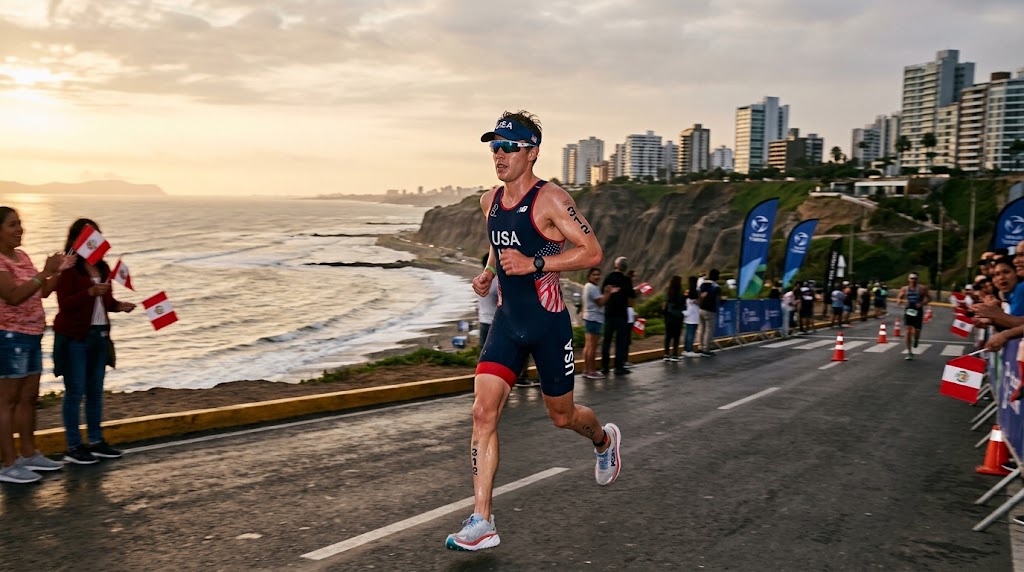 Triathlon Lima 2026, atleta americano nel settore di corsa.