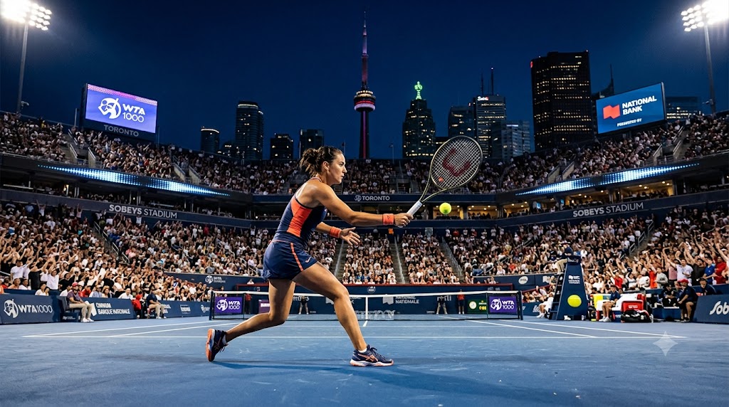 WTA Toronto 2026, giocatrica in campo mentre ribatte la pallina.