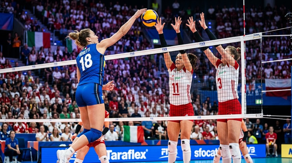Azione di gioco tra Italia e Polonia nelle semifinale degli Europei di volley donne.